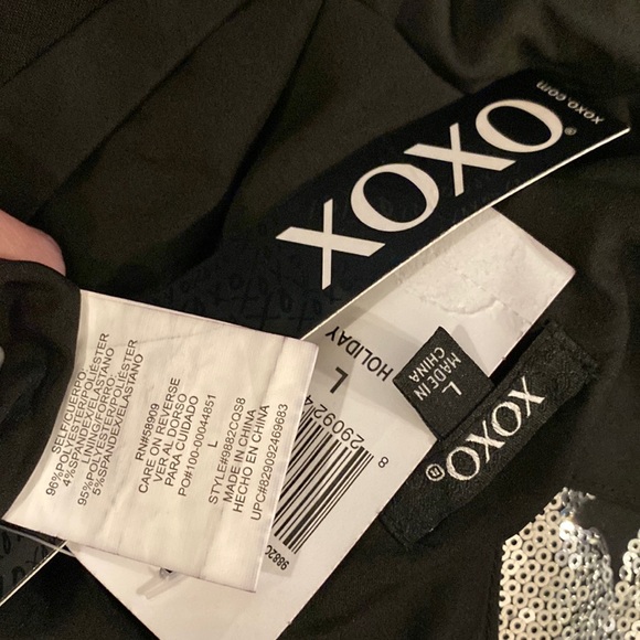 XOXO dress: A-line V-neck mini w silver sequins lined w black stars - L - Picture 6 of 16